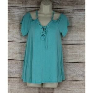 Umgee Womens Size Small Medium Criss Cross Cold Shoulder Top Shirt Aqua Blue